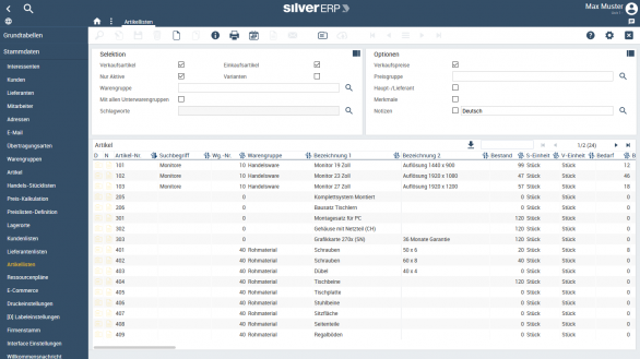 Artikelstamm im Cloud-ERP-System SilverERP, dem online ERP-System für kleine und mittelständige Unternehmen