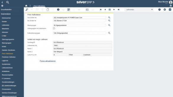 Preiskalkulation im Cloud-ERP-System SilverERP, dem online ERP-System für kleine und mittelständige Unternehmen