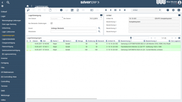 Lagerbewegungen  im Cloud-ERP-System SilverERP, dem online ERP-System für kleine und mittelständige Unternehmen