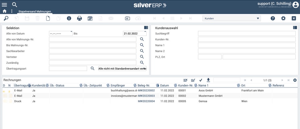 Der Dialog für den Stapelversand von Mahnungen in SilverERP