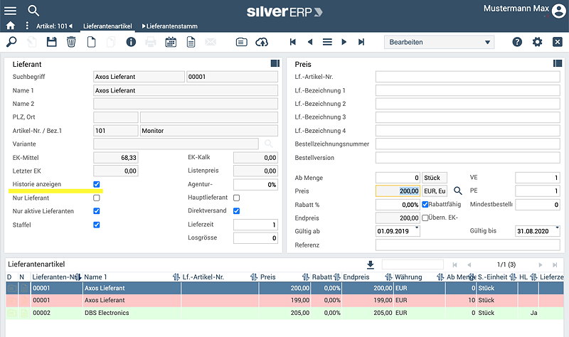 Online-ERP: Historische Lieferantenpreise 