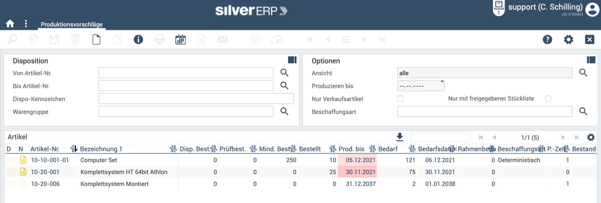 SilverERP Fertigung – Produktionsvorschläge